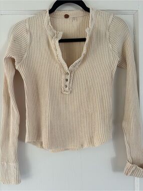Free People Cream Henley Waffle Knit Long-Sleeve Top